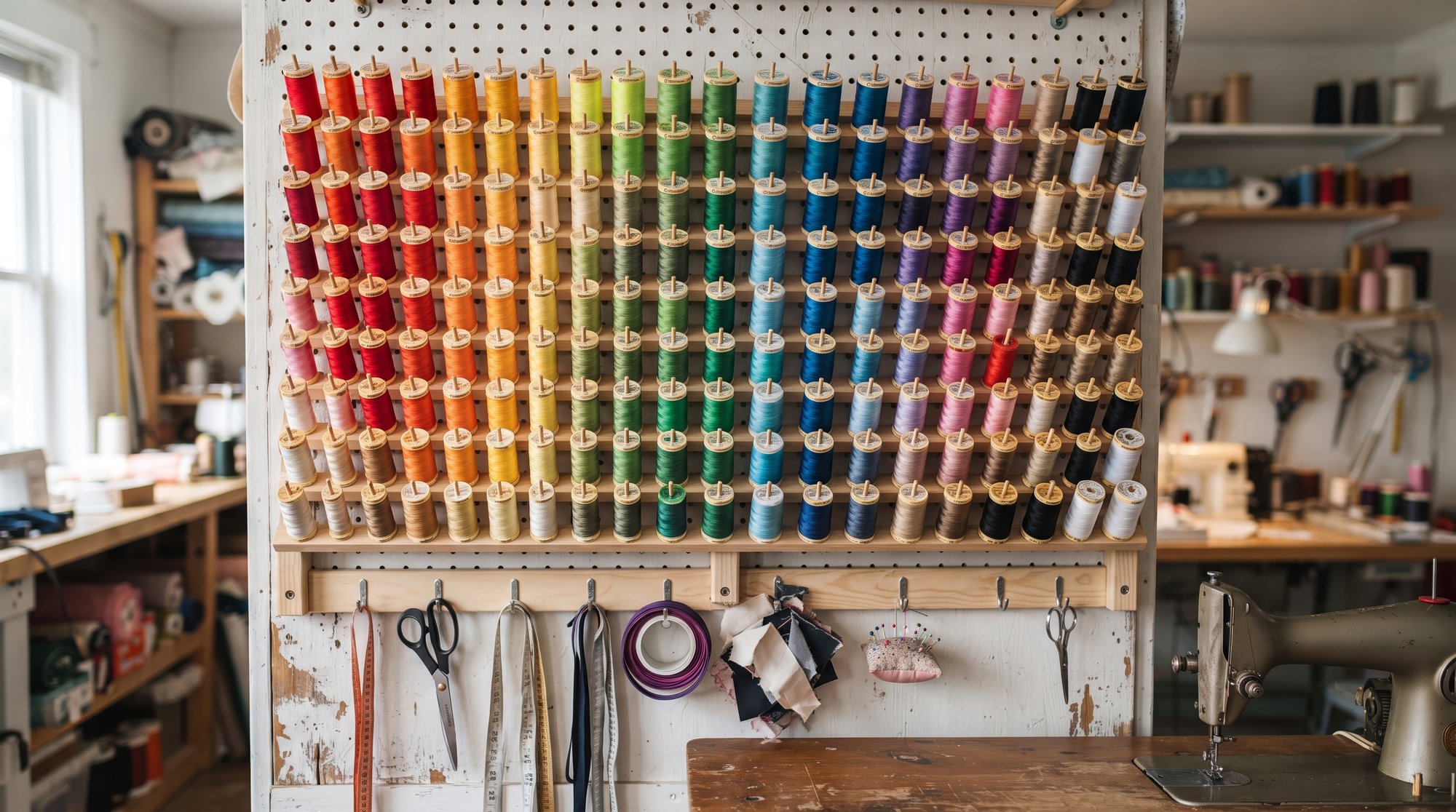 Vetrina dell'atelier con attrezzi da ricamo